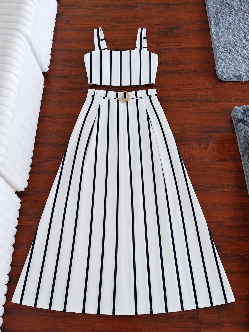 White and Navy Striped Maxi Dress with Cropped Tank and Belt